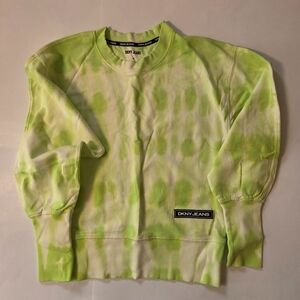 NWT DKNY JEANS Tie‑Dye Crewneck Sweatshirt Lime Green White Size M